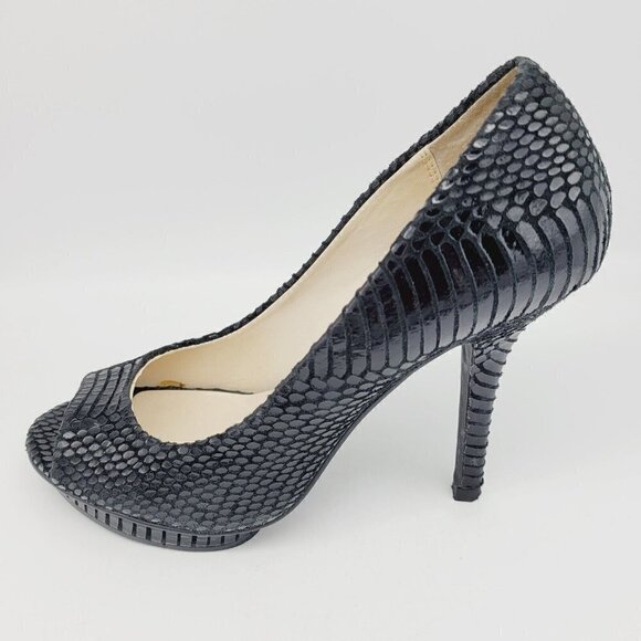Michael by Michael Shannon Black Leather Peep Toe 4" Heels Snakeskin Texture 7.5 - Picture 10 of 13